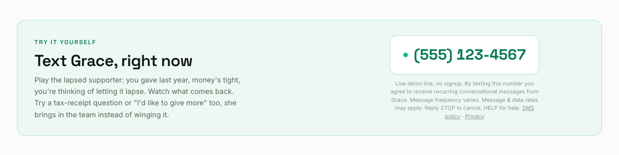 The givegrace.ai website call-to-action advertising the demo SMS line, including consent language: by texting this number you agree to receive recurring conversational messages from Grace; message frequency varies; message and data rates may apply; reply STOP to cancel, HELP for help.